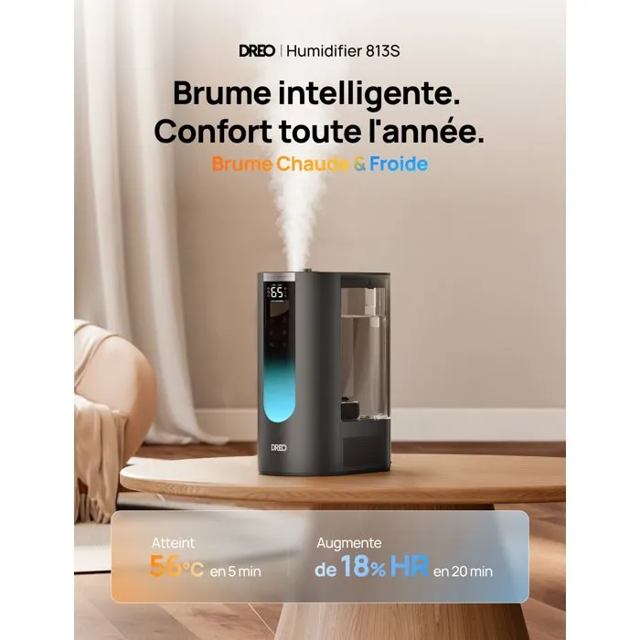 DREO 813S Humidificador 6 Litros 45 Horas Autonomía Silencioso 28 dB Calienta en 5 Minutos