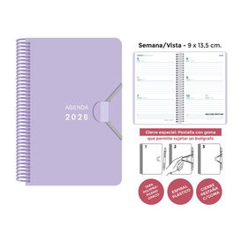 Agenda Anual (2026) Senfort Mini Espiral Tapa Pp Con Goma 90X135 S/V Lila Pastel