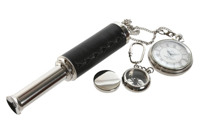 DKD Home Decor Set de Regalo de 3 Piezas con Brújula, Reloj de Bolsillo y Catalejo