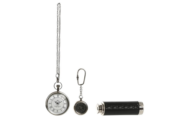 DKD Home Decor Set de Regalo de 3 Piezas con Brújula, Reloj de Bolsillo y Catalejo