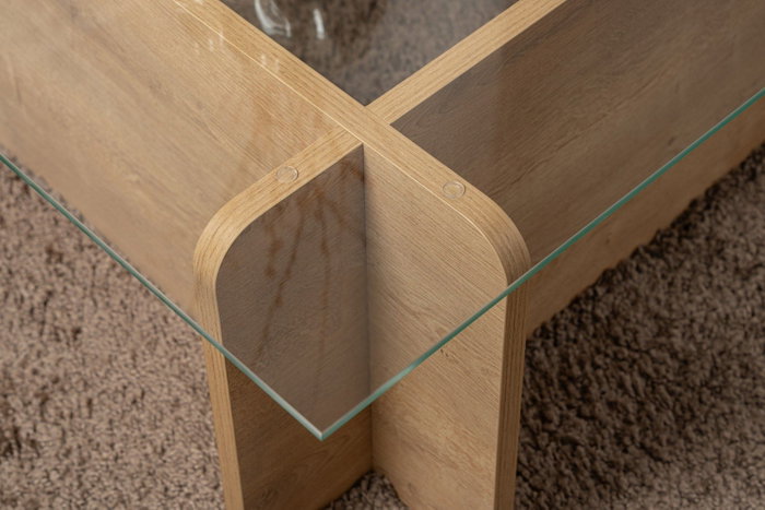 Nordure Mesa de Centro Flavio Honey Oak, Roble, Cristal Templado y Tablero de Partículas Recubierto de Melamina, 105x65x30 cm