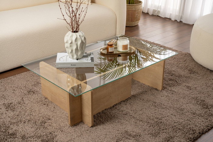 Nordure Mesa de Centro Flavio Honey Oak, Roble, Cristal Templado y Tablero de Partículas Recubierto de Melamina, 105x65x30 cm