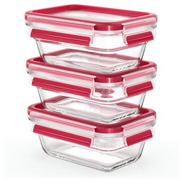 Emsa N10511 Set de Fiambreras de Vidrio Clip & Close 3 Piezas, Rectangular, Transparente/Rojo, Apto para Microondas, Horno y Congelador