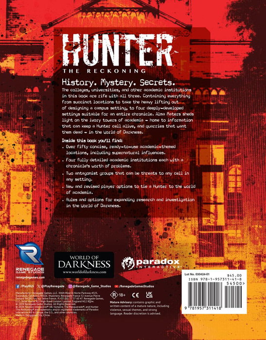 Hunter: The Reckoning 5th Edition RPG libro Alma Maters Sourcebook *Edición Inglés* Hunter: The Reckoning 5th Edition RPG libro Alma Maters Sourcebook *Edición Inglés*