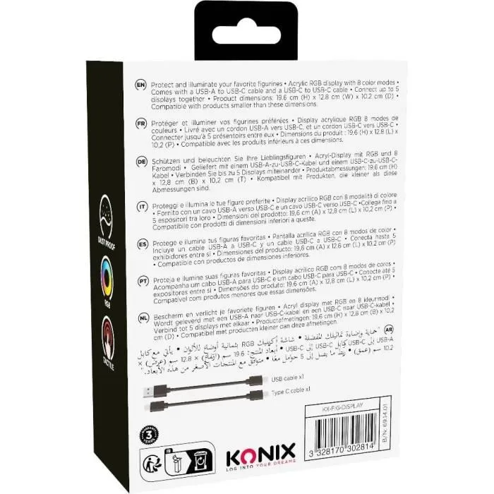 Konix Caja de Visualización LED para Figuras Compatible con Funko Pop y Banpresto Qposket con Iluminación RGB Cable USB Konix Caja de Visualización LED para Figuras Compatible con Funko Pop y Banpresto Qposket con Iluminación RGB Cable USB