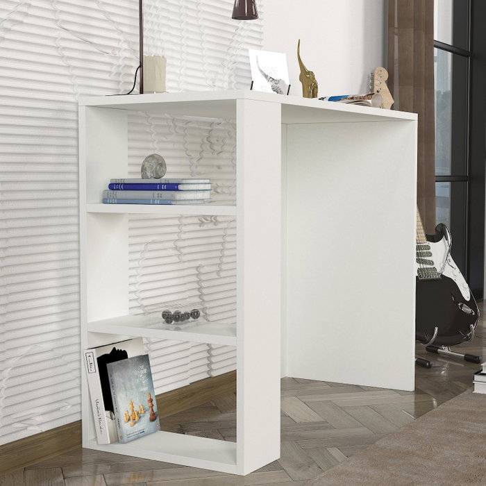 Hanah Home Mesa de Estudio Blanca Estilo Escandinavo con Estantes y Fijación a la Pared 90x74x40cm Tablero Melamina 18mm