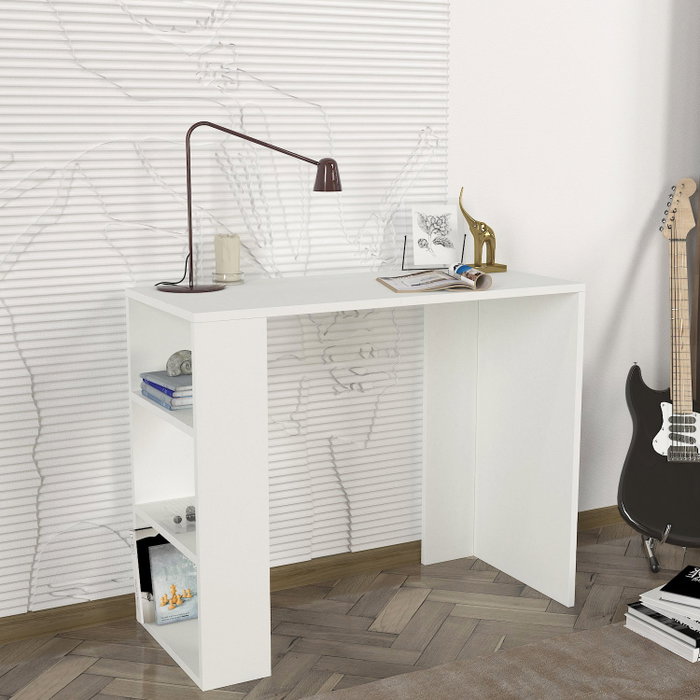 Hanah Home Mesa de Estudio Blanca Estilo Escandinavo con Estantes y Fijación a la Pared 90x74x40cm Tablero Melamina 18mm