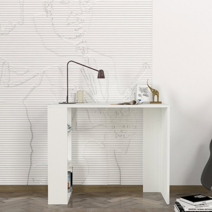 Hanah Home Mesa de Estudio Blanca Estilo Escandinavo con Estantes y Fijación a la Pared 90x74x40cm Tablero Melamina 18mm