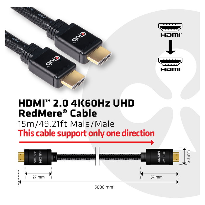 Club 3D Cable HDMI 2.0 (A-A) 15 m con tecnología RedMere, 18 Gbit/s, 4K Ultra HD a 60Hz, 3D, HDR, Full HD 1080p, Conectores Chapados en Oro
