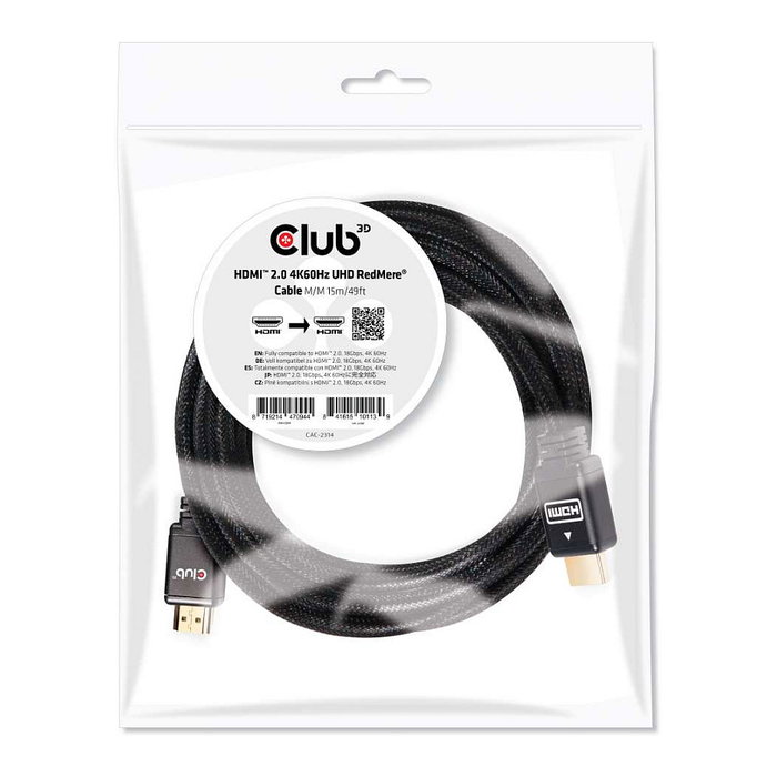 Club 3D Cable HDMI 2.0 (A-A) 15 m con tecnología RedMere, 18 Gbit/s, 4K Ultra HD a 60Hz, 3D, HDR, Full HD 1080p, Conectores Chapados en Oro