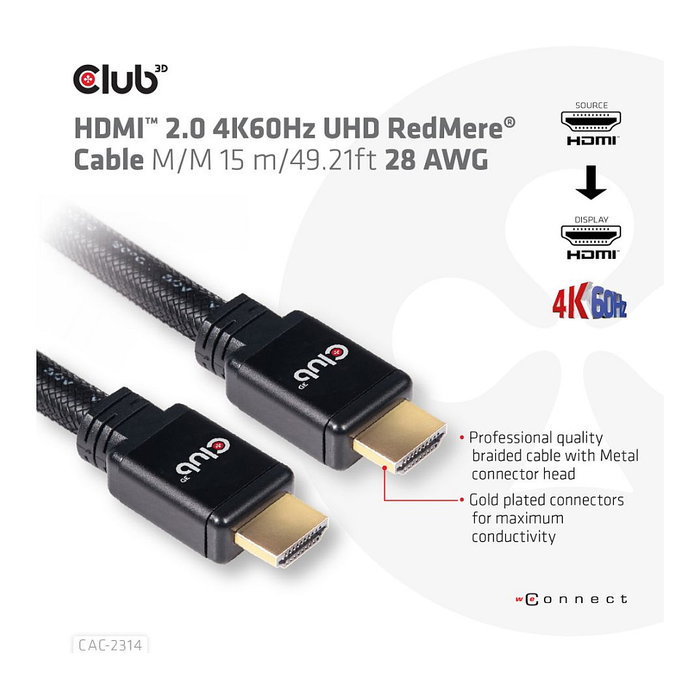 Club 3D Cable HDMI 2.0 (A-A) 15 m con tecnología RedMere, 18 Gbit/s, 4K Ultra HD a 60Hz, 3D, HDR, Full HD 1080p, Conectores Chapados en Oro