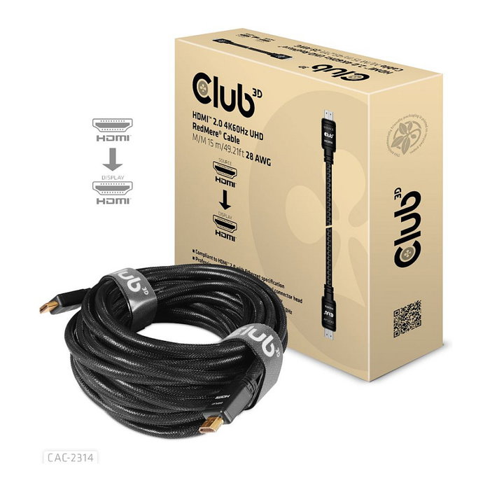 Club 3D Cable HDMI 2.0 (A-A) 15 m con tecnología RedMere, 18 Gbit/s, 4K Ultra HD a 60Hz, 3D, HDR, Full HD 1080p, Conectores Chapados en Oro