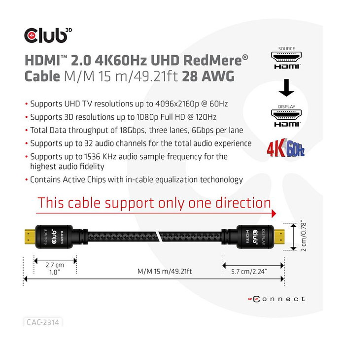 Club 3D Cable HDMI 2.0 (A-A) 15 m con tecnología RedMere, 18 Gbit/s, 4K Ultra HD a 60Hz, 3D, HDR, Full HD 1080p, Conectores Chapados en Oro