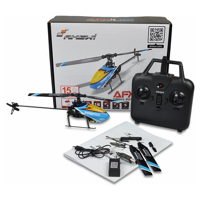 AMEWI AFX4 Helicóptero de Juguete RC Ready-to-Fly (RTF), Motor Eléctrico con Batería Li-Po 350mAh, Azul/Negro, 2.4 GHz, Control de 6 Canales, para Niño - Ref. AFX4