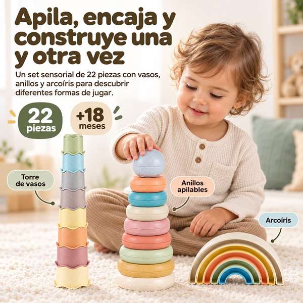 Jugatoys - misprimerosjuguetes Torres Apilables infantiles de diferentes formas en set 40x28'5x9'5cm