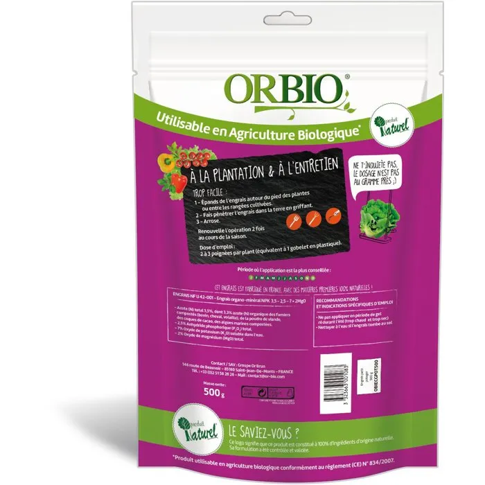 Orbio OR BIO Abono Granulado Ecológico para Huertos - 500g para Huerto Pequeño - Fórmula Nutritiva