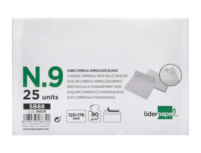 Liderpapel Sobre 9 Comercial Normalizado Blanco Tira Silicona 120x176 mm Paquete 25 Unidades