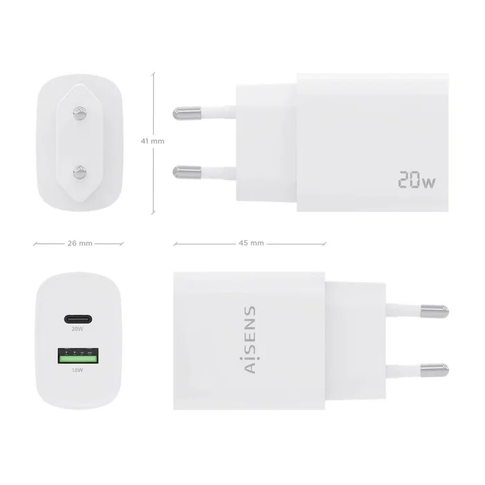 Aisens Cargador de Pared 20W con USB-C PD3.0 y USB-A QC3.0 - Blanco