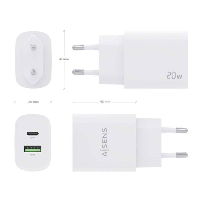 Aisens Cargador de Pared 20W con USB-C PD 3.0 y USB-A QC 3.0 Blanco A110-0754