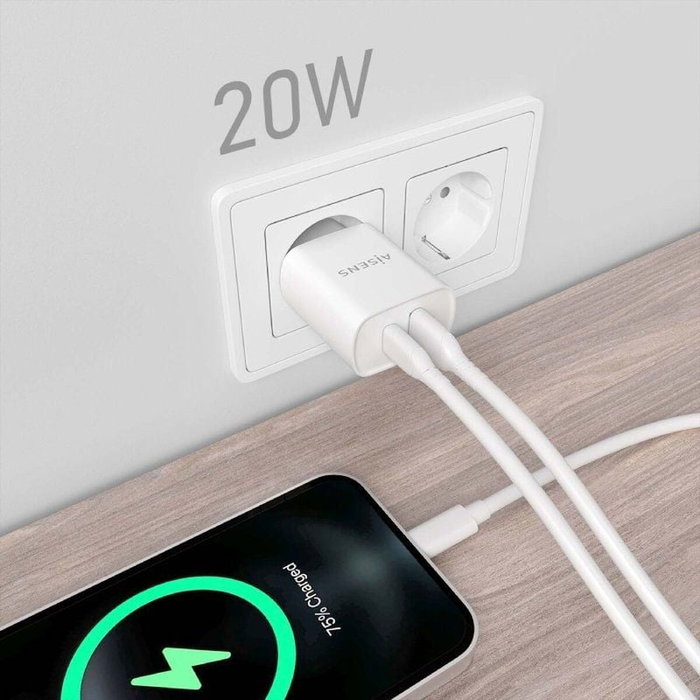 Aisens Cargador de Pared 20W con USB-C PD 3.0 y USB-A QC 3.0 Blanco A110-0754