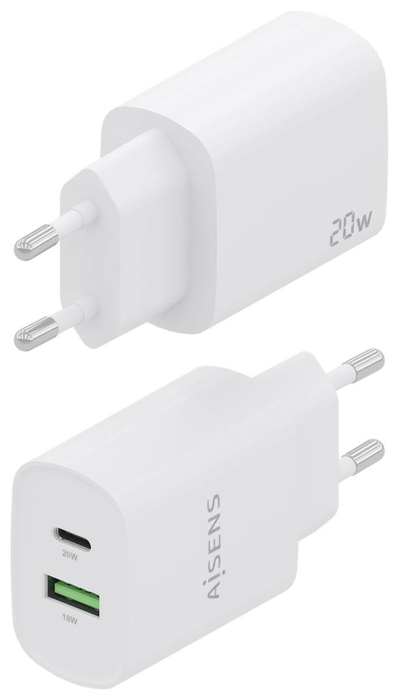 Aisens Cargador de Pared 20W con USB-C PD 3.0 y USB-A QC 3.0 Blanco A110-0754