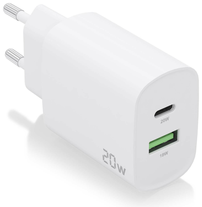 Aisens Cargador de Pared 20W con USB-C PD 3.0 y USB-A QC 3.0 Blanco A110-0754