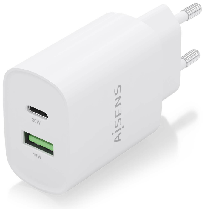 Aisens Cargador de Pared 20W con USB-C PD 3.0 y USB-A QC 3.0 Blanco A110-0754