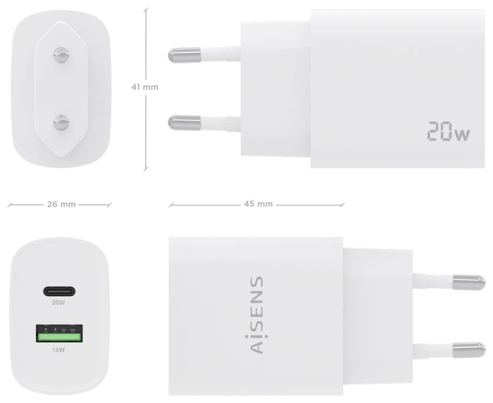 Aisens Cargador de Pared 20W con USB-C PD 3.0 y USB-A QC 3.0 Blanco A110-0754