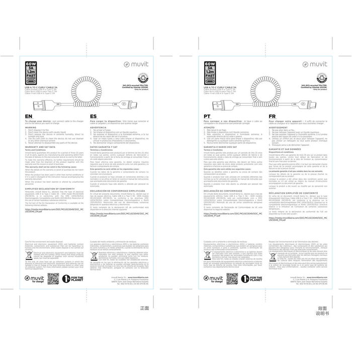 muvit for change cable rizado USB a Tipo C 3A 60w 1,2m negro
