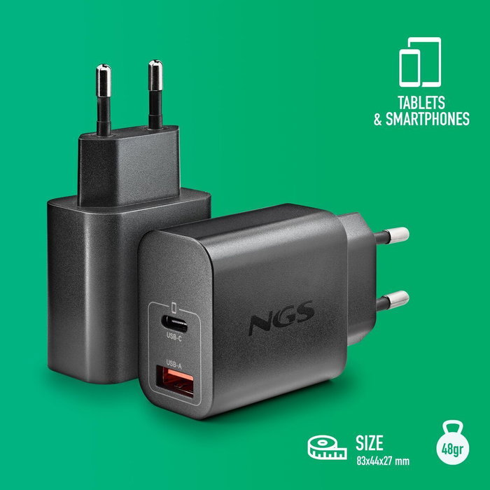 NGS Cargador de Pared GaN ERA20WBLACK 20W USB-C y USB-A Negro