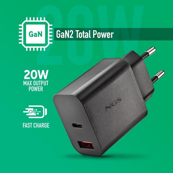 NGS Cargador de Pared GaN ERA20WBLACK 20W USB-C y USB-A Negro