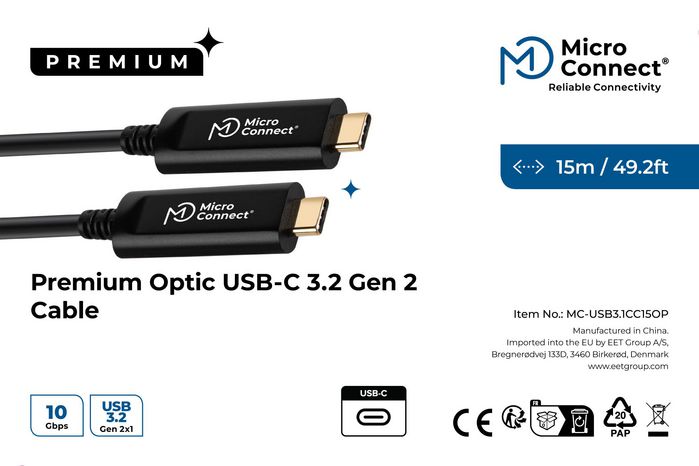 MicroConnect Cable de Fibra Óptica USB-C 3.2 Gen 2 Premium, 15m, Cable de Datos y Sincronización