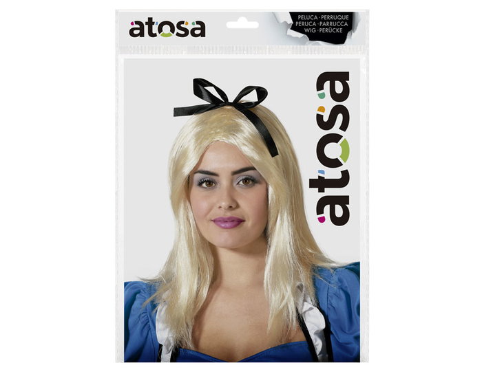 Atosa Peluca Larga Rubia con Lazo Negro para Aventurera de Cuento
