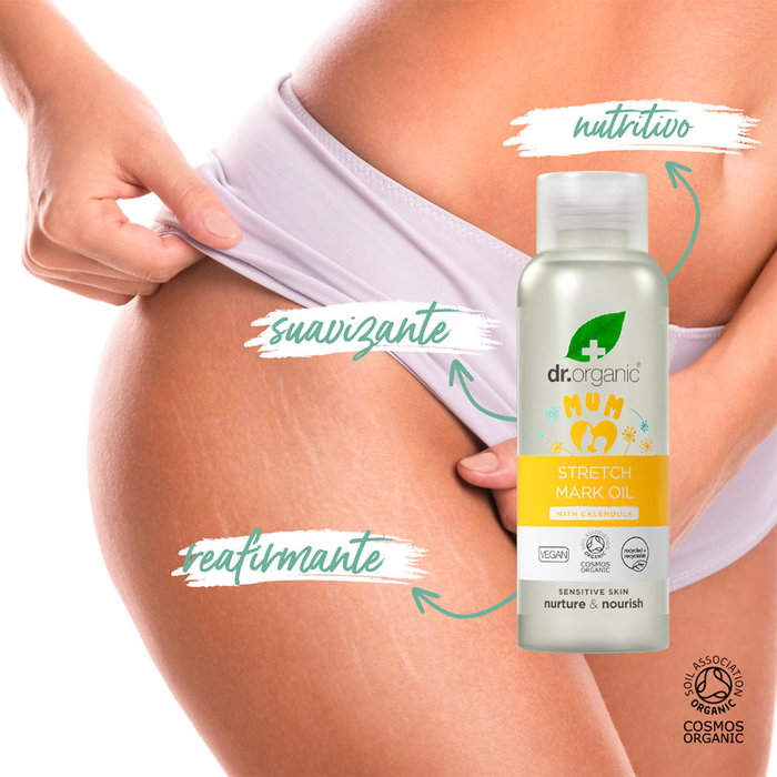 Dr. Organic Aceite para Estrías Multiusos 100 ml - Embarazo, Piel Seca, 94.99% Orgánico Certificado COSMOS - Con Caléndula, Aceite de Girasol y Almendra