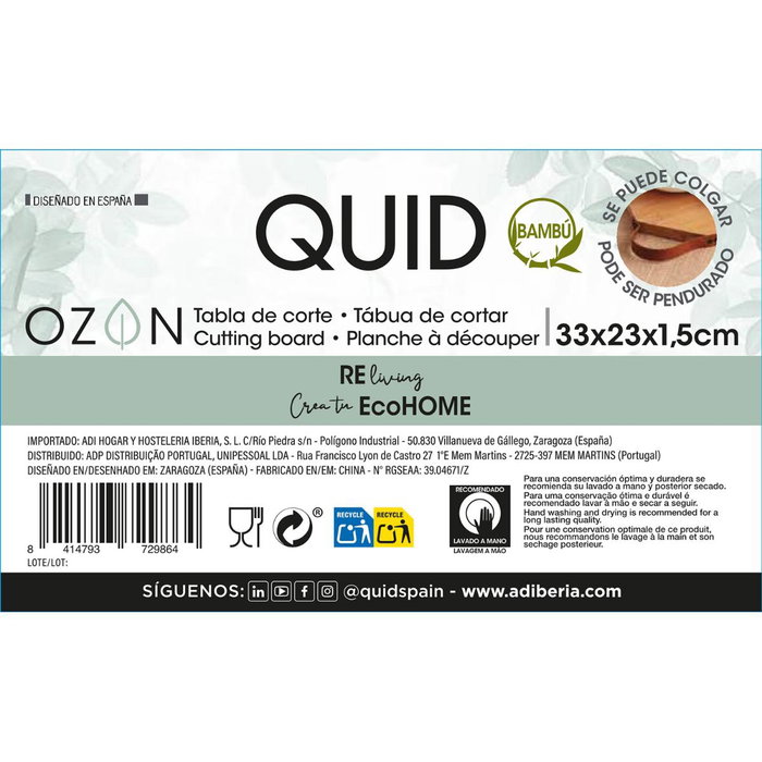 Tabla Bambú y Asa Simil Cuero Ozon Quid 33x23 cm