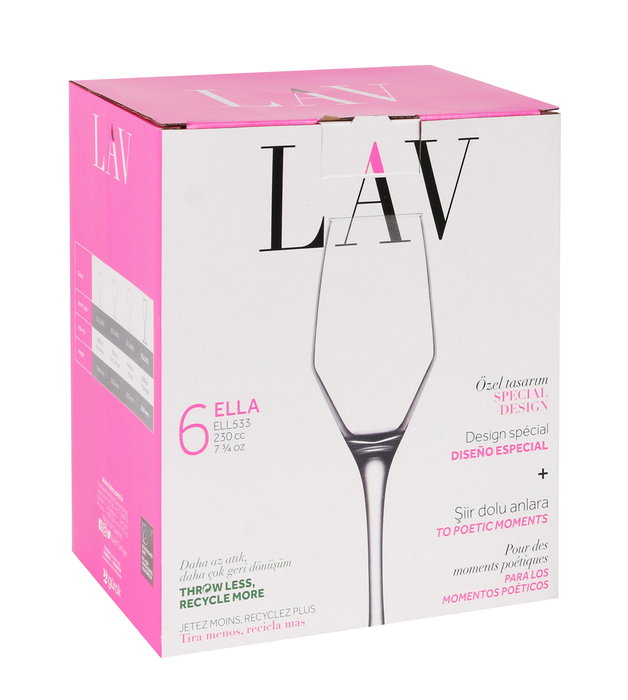 ELLA Set de 6 Copas Champán Flauta, Vidrio, 23 cm de Altura, 230 ml - (Ell533F) (4 Cajas)