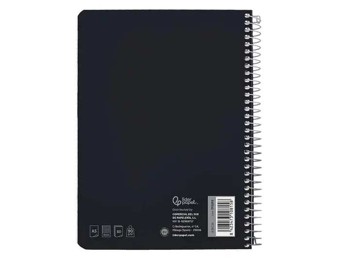 Liderpapel Cuaderno espiral A5, tapa dura, 80 hojas, 90gr, cuadro 4mm con margen, color negro