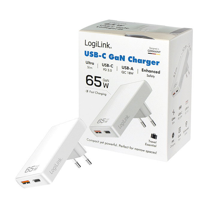 LogiLink Adaptador de Enchufe USB 1xUSB-A, 1xUSB-C, 65W, Blanco