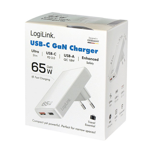 LogiLink Adaptador de Enchufe USB 1xUSB-A, 1xUSB-C, 65W, Blanco