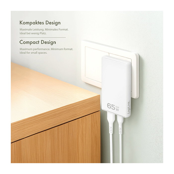 LogiLink Adaptador de Enchufe USB 1xUSB-A, 1xUSB-C, 65W, Blanco