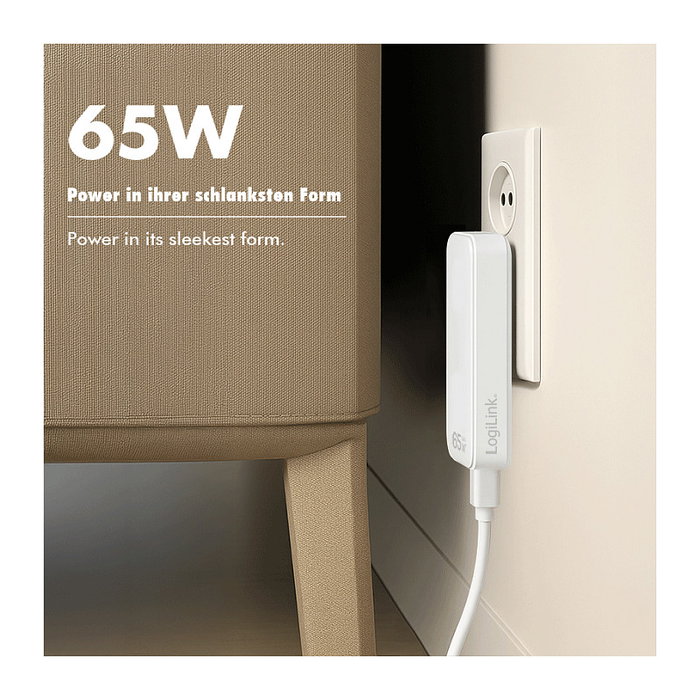 LogiLink Adaptador de Enchufe USB 1xUSB-A, 1xUSB-C, 65W, Blanco