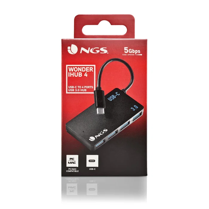 NGS WonderIHub4 Hub USB-C con 4 puertos USB 3.0 Negro
