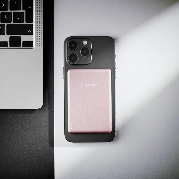 Intenso MW10000 Power Bank 10000 mAh con Carga Inalámbrica MagSafe 15W y USB-C PD 20W, Compatible con iPhone y Android, Color Rosa