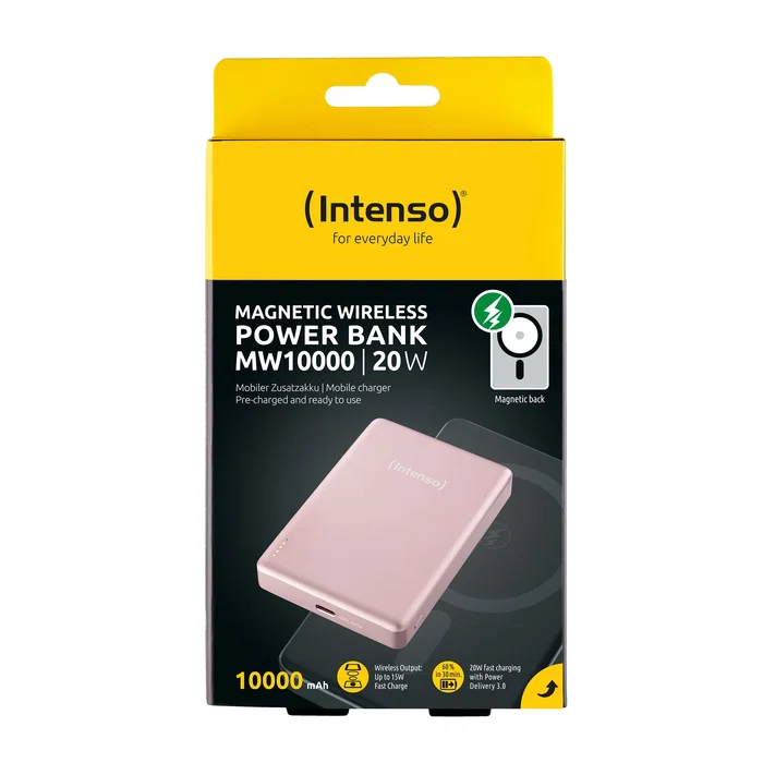 Intenso MW10000 Power Bank 10000 mAh con Carga Inalámbrica MagSafe 15W y USB-C PD 20W, Compatible con iPhone y Android, Color Rosa