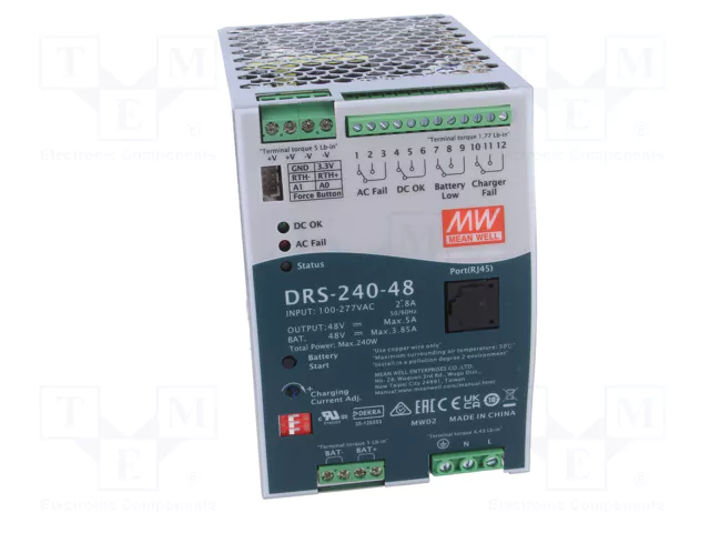 MEAN WELL DRS-240-48 Alimentador Buffer 240W 48VDC MEAN WELL DRS-240-48 Alimentador Buffer 240W 48VDC