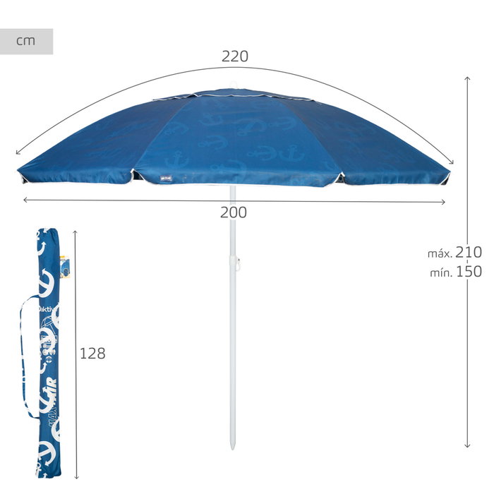 Aktive Sombrilla de playa antiviento 220 cm azul con estampado de anclas Aktive Sombrilla de playa antiviento 220 cm azul con estampado de anclas