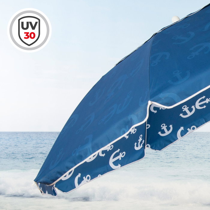 Aktive Sombrilla de playa antiviento 220 cm azul con estampado de anclas Aktive Sombrilla de playa antiviento 220 cm azul con estampado de anclas