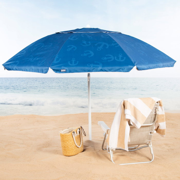 Aktive Sombrilla de playa antiviento 220 cm azul con estampado de anclas Aktive Sombrilla de playa antiviento 220 cm azul con estampado de anclas