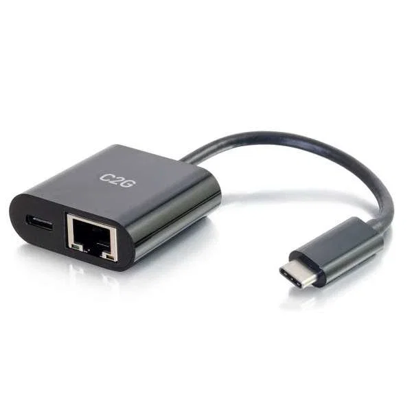 C2G 82408 Adaptador USB-C a Ethernet Gigabit con Power Delivery 60W, Negro - Compatible con Thunderbolt 3, Plug and Play