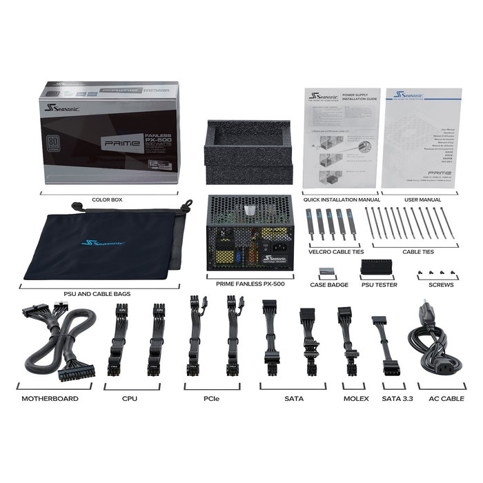 Seasonic PRIME-PX-500 500W Fuente de Alimentación PC 80 Plus Platinum Totalmente Modular Sin Ventilador (Fanless) - Negro